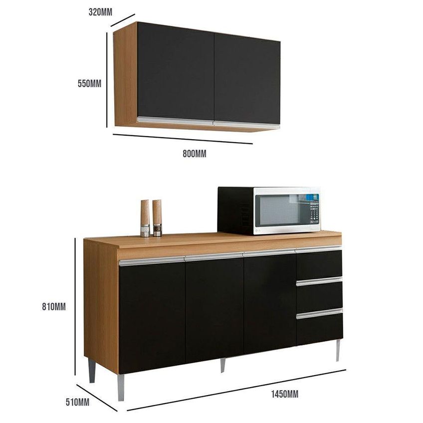 Conjunto Kit Cozinha Balcão Pia E Armário Aéreo 2 Portas MDF 80cm Amêndoa E Preto AJL MOV - imagem 3