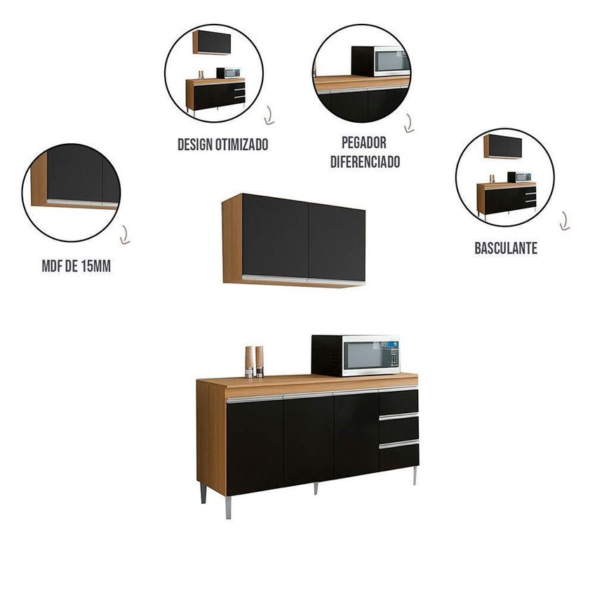 Conjunto Kit Cozinha Balcão Pia E Armário Aéreo 2 Portas MDF 80cm Amêndoa E Preto AJL MOV - imagem 4