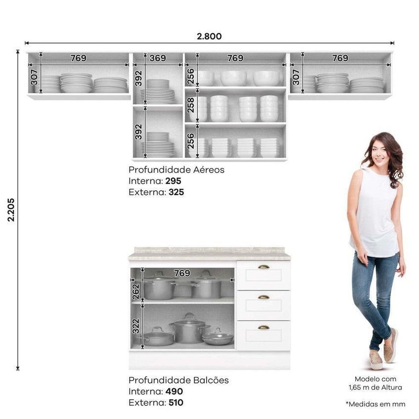 Cozinha Compacta Amy Casa 812 7 Portas 3 Gavetas MDF 280cm Branco Casa 812 - imagem 3