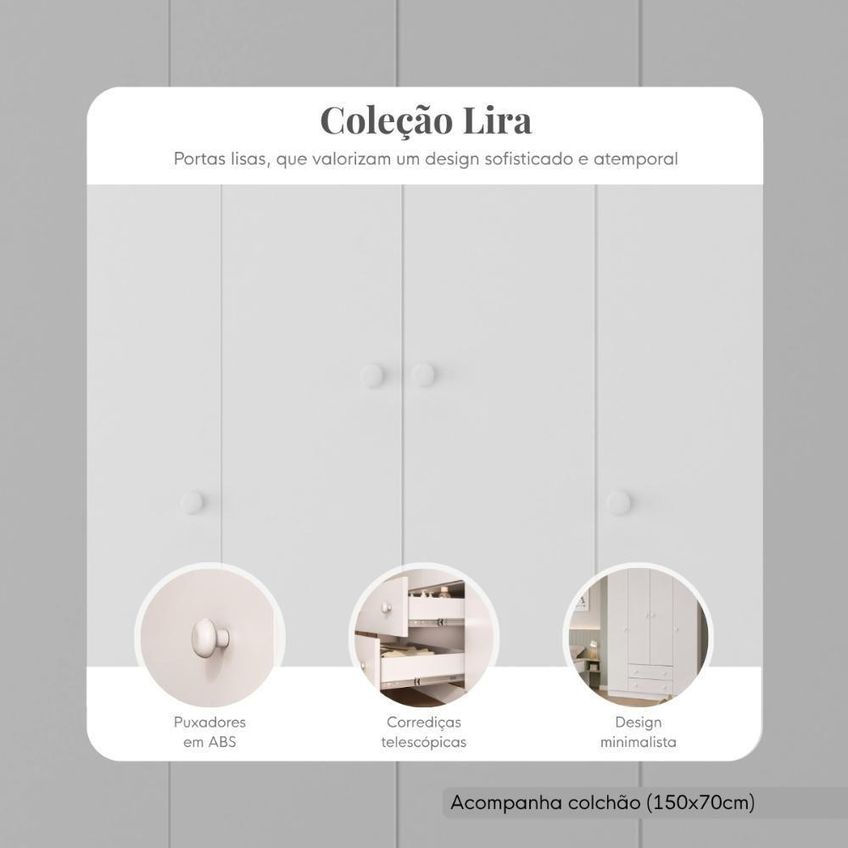 Conjunto De Quarto Cama Com Colchão Incluso E Guarda Roupa 4 Portas 2 Gavetas MDP Branco Multimóveis - imagem 3