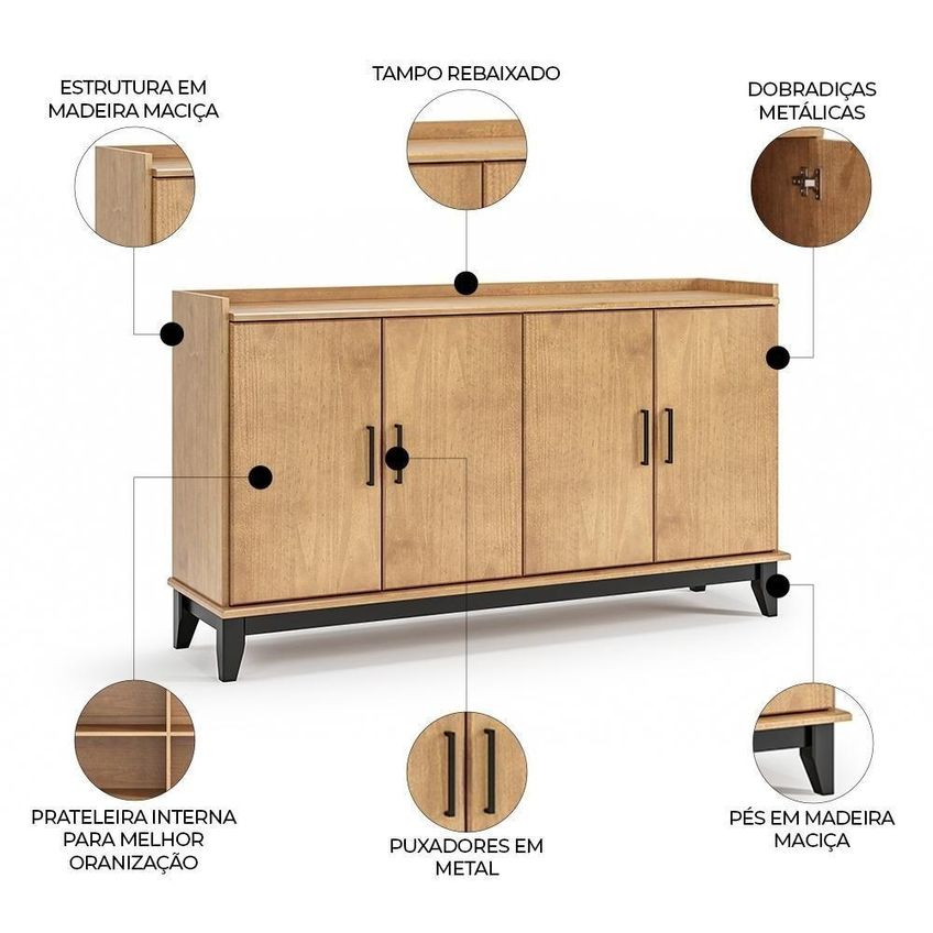 Buffet Aparador Z25 Rústico 4 Portas Madeira Maciça 152cm Marrom Mpozenato - imagem 3
