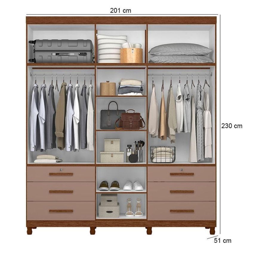 Guarda Roupa Casal Com Cômoda Triton Plus 11 Portas De Bater 6 Gavetas Mdp Nogueira Capuccino - imagem 3