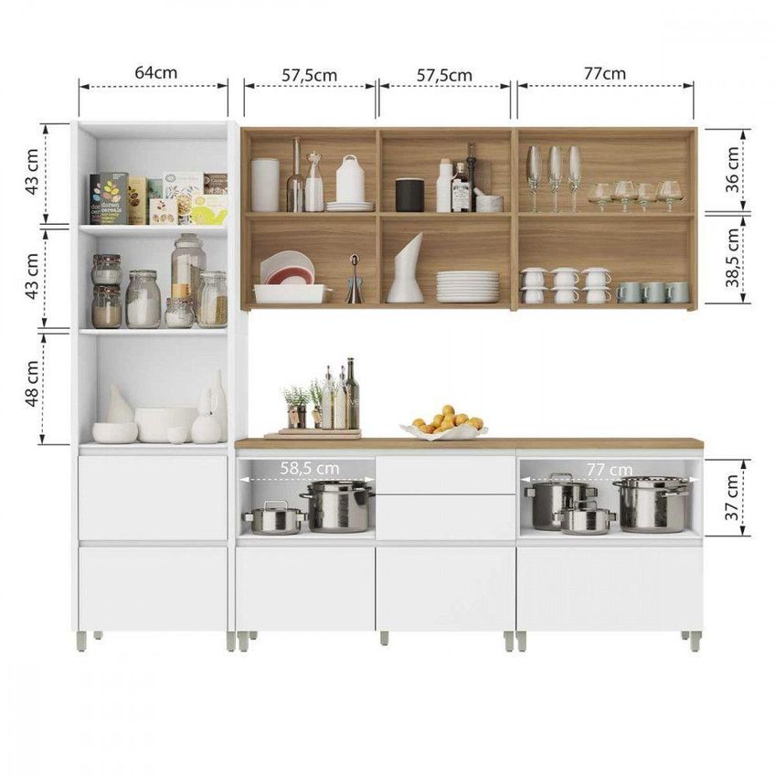 Cozinha 5 Peças Rainha 2 Portas 7 Gavetas MDF Branco Com Nature Nesher Móveis - imagem 4