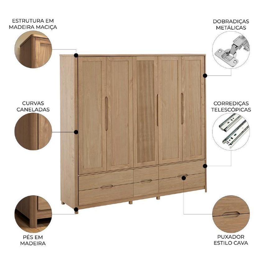 Guarda Roupa Casal Nira 5 Portas De Bater 6 Gavetas Madeira Maciça Tuari Mpozenato 220cm - imagem 4