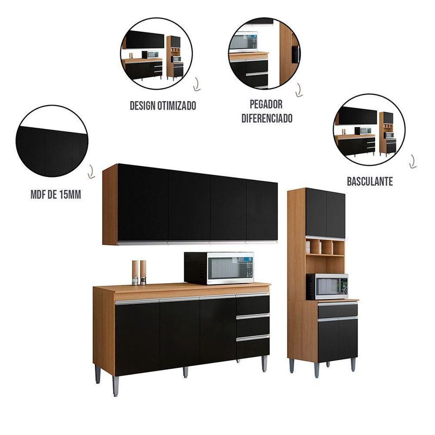 Conjunto Kit Cozinha Balcão Pia Armário Aéreo 4 Portas MDF-MDP 160cm Amêndoa E Preto AJL Móveis - imagem 3