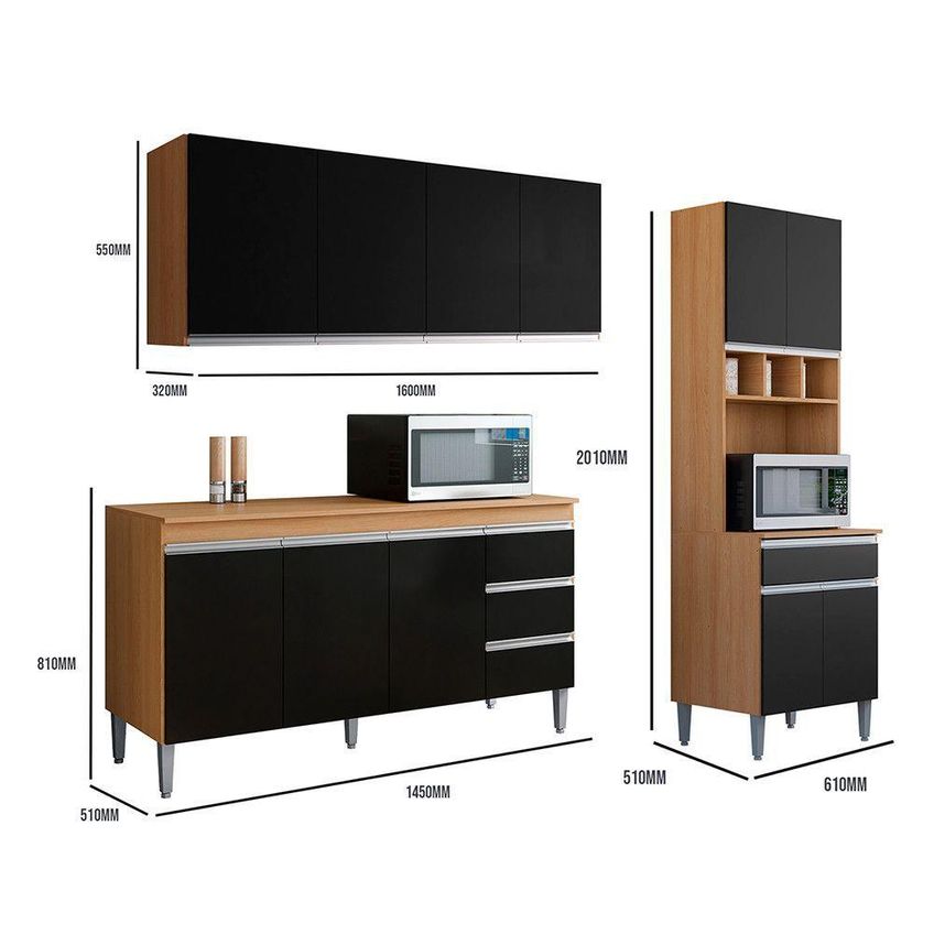 Conjunto Kit Cozinha Balcão Pia Armário Aéreo 4 Portas MDF-MDP 160cm Amêndoa E Preto AJL Móveis - imagem 4