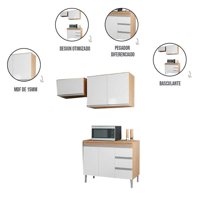 Conjunto Kit Cozinha Pia Sem Tampo 3 Peças 100cm 80cm 60cm MDF-MDP Amêndoa E Branco AJL Móveis - imagem 3