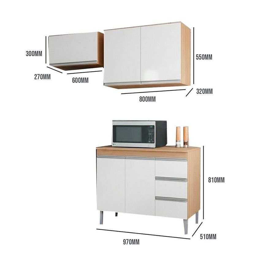 Conjunto Kit Cozinha Pia Sem Tampo 3 Peças 100cm 80cm 60cm MDF-MDP Amêndoa E Branco AJL Móveis - imagem 4