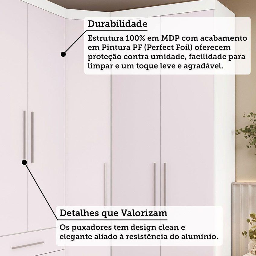 Guarda Roupa De Canto Alpes 5 Portas 4 Gavetas MDP Branco PF-Rosa PF Luciane Móveis - imagem 4