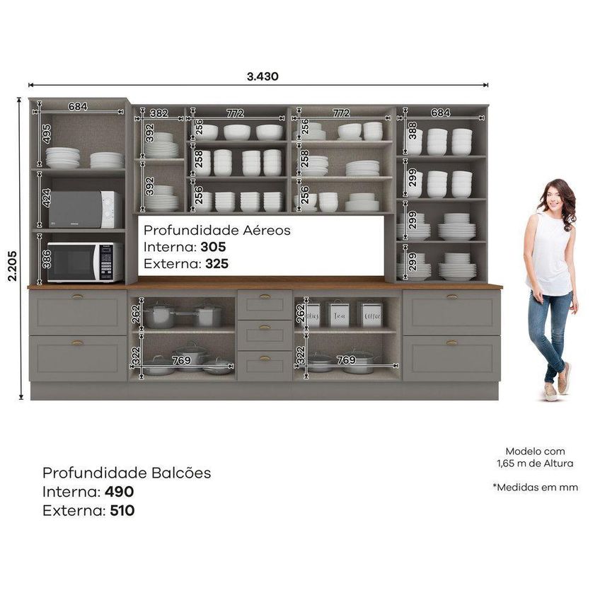 Cozinha Compacta Amy 17 Portas 11 Gavetas Mdf 343cm Cinza Com Natural Casa 812 - imagem 3