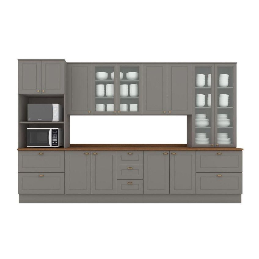 Cozinha Compacta Amy 17 Portas 11 Gavetas Mdf 343cm Cinza Com Natural Casa 812 - imagem 4