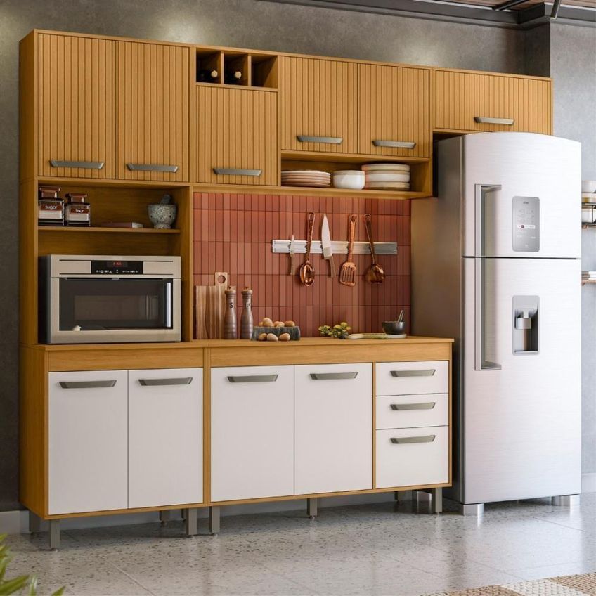 Cozinha Completa Compacta Malta Sem Porta Sem Gaveta MDF MDP 258cm Freijó Ripado Off Acetinado - imagem 3