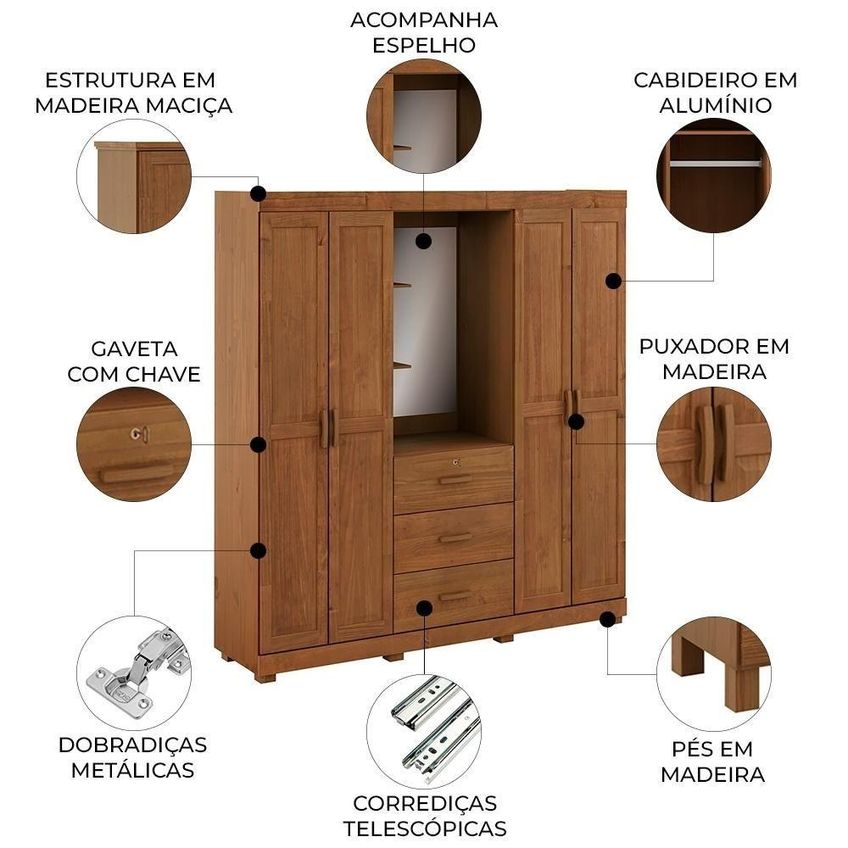 Guarda Roupa Casal Lone 4 Portas De Bater 3 Gavetas Madeira Maciça Castanho Mpozenato 183cm - imagem 3