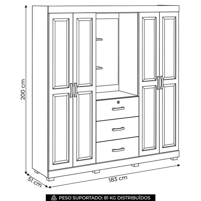 Guarda Roupa Casal Lone 4 Portas De Bater 3 Gavetas Madeira Maciça Castanho Mpozenato 183cm - imagem 4