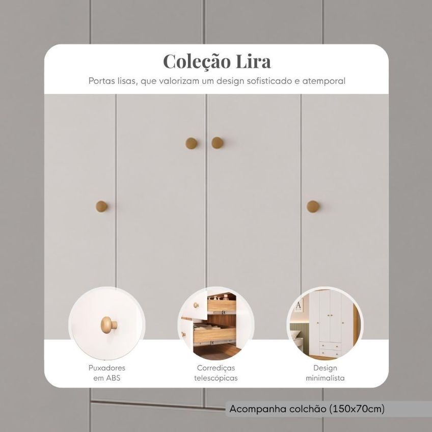 Conjunto De Quarto Cama Colchão Guarda Roupa 4 Portas 2 Gavetas Lira Mdp Branco Multimóveis - imagem 5