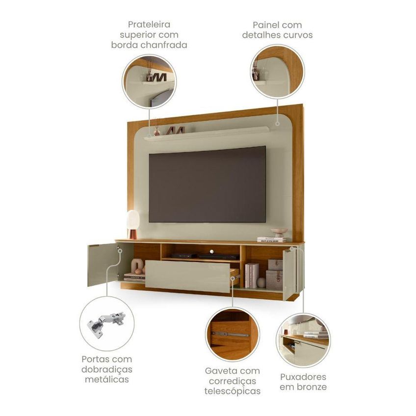 Home Theater Nilo Para TV Até 75" 200cm MDP Com Gaveta Cumaru E Opala Madetec Móveis - imagem 4