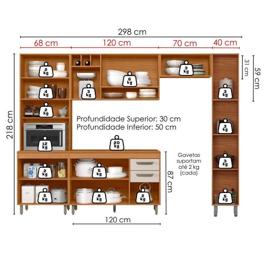 Cozinha Compacta Malta 6 Portas MDF 298cm Amadeirado Off White Poliman Móveis - imagem 3