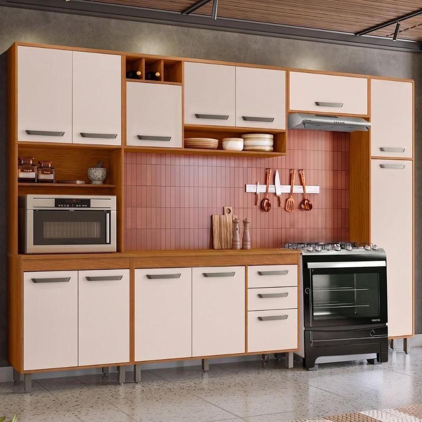 Cozinha Compacta Malta 6 Portas MDF 298cm Amadeirado Off White Poliman Móveis - imagem 4