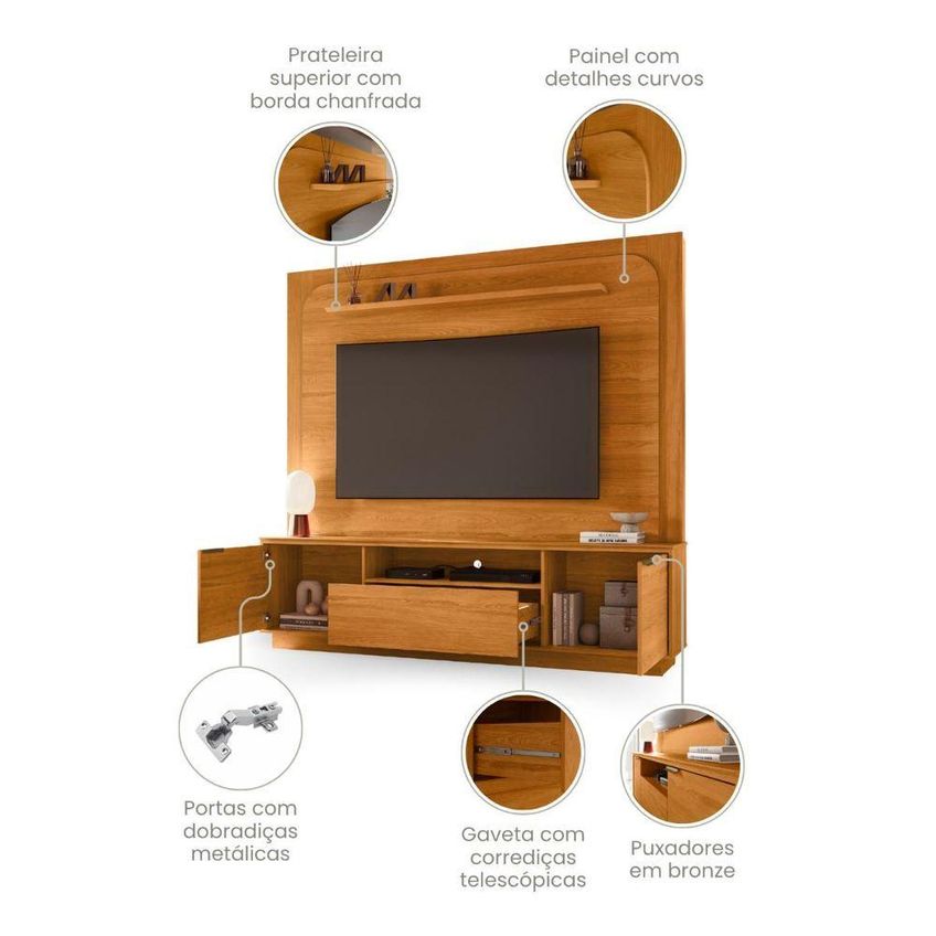 Home Theater Nilo Para TV Até 75" 200cm MDP Com Pés Cinamomo Madetec Móveis - imagem 4