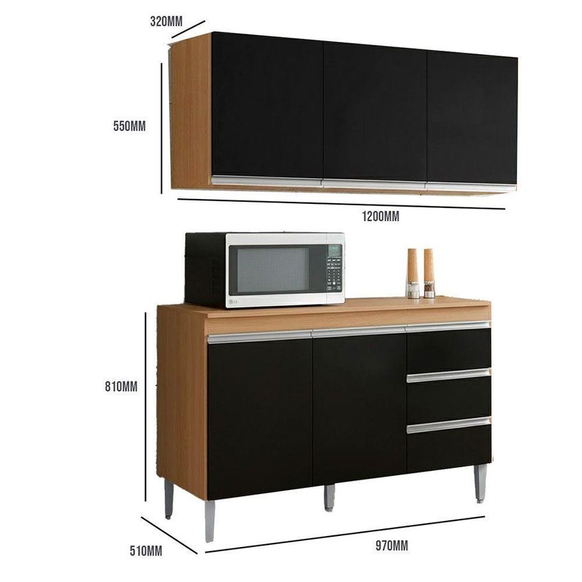 Conjunto Cozinha Balcão Pia E Armário Aéreo 3 Portas 120cm Amêndoa Com Preto Andreia Ajl - imagem 3