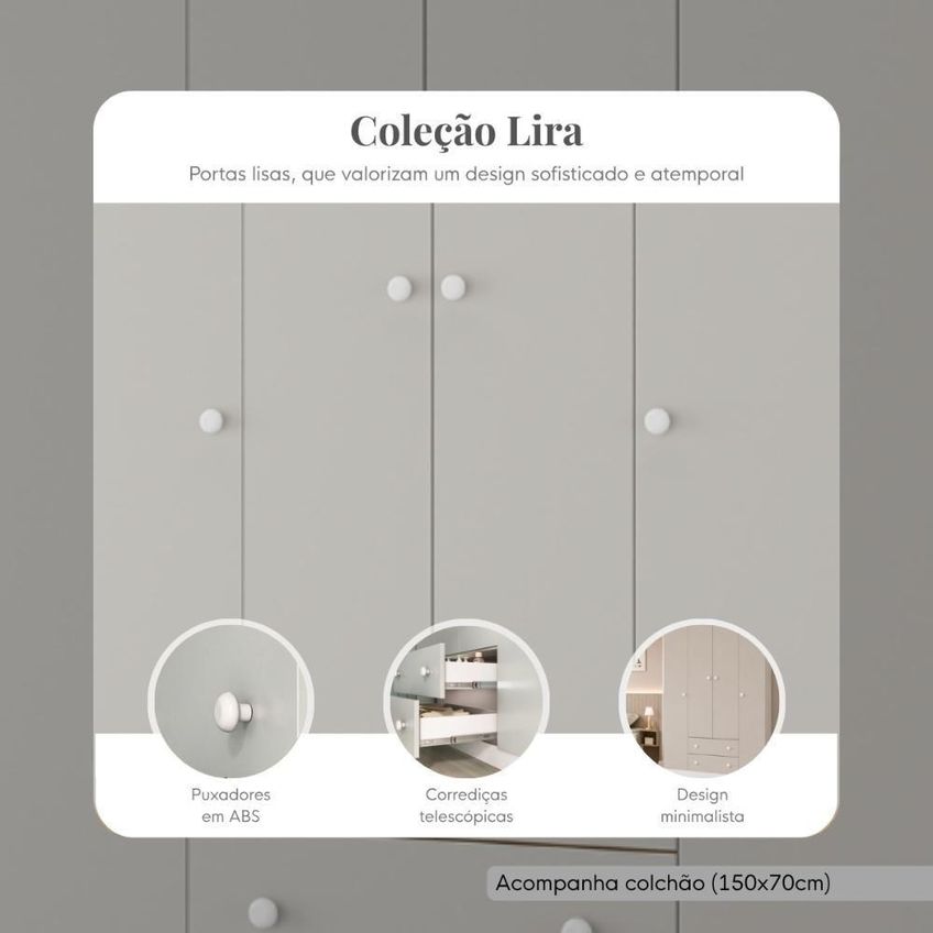 Conjunto De Quarto Lira Com Cama Baú Colchão E Guarda Roupa 4 Portas 2 Gavetas Mdp Branco - imagem 3