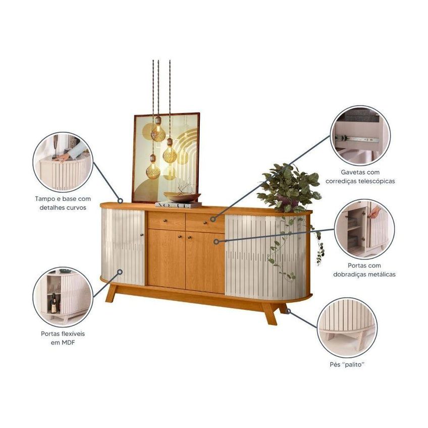 Buffet Aparador Mônaco Moderno 4 Portas 2 Gavetas Mdp 183cm Cinamomo E Off White Madetec - imagem 4