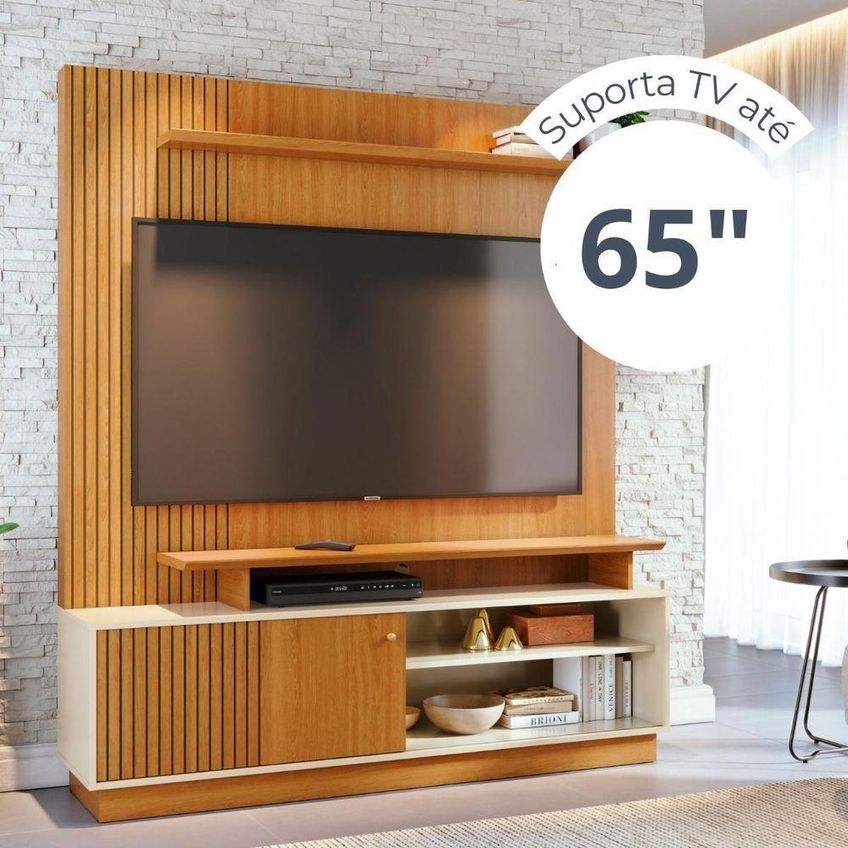 Home Theater Ares Para TV Até 65" 160cm MDP Com Porta de Correr Cinamomo e Off White Madetec Móveis - imagem 4
