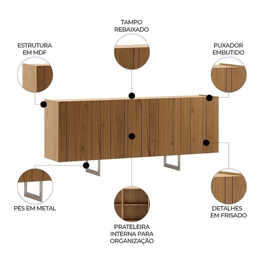 Buffet Aparador Lyon N02 4 Portas MDF 180cm Cinamomo E Champanhe Mpozenato - imagem 2