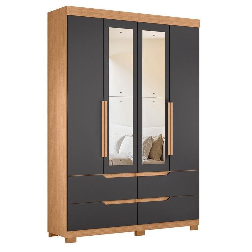 Guarda Roupa Solteiro Com Cômoda Verona 4 Portas De Bater Com Espelho 4 Gavetas Mdp Freijó Titanium - imagem 2