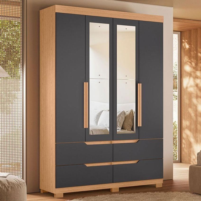 Guarda Roupa Solteiro Com Cômoda Verona 4 Portas De Bater Com Espelho 4 Gavetas Mdp Freijó Titanium - imagem 3