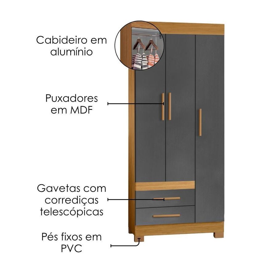 Guarda Roupa Solteiro New Recife 3 Portas De Bater 2 Gavetas Mdp Mdf Freijo Grafite Acetinado - imagem 3