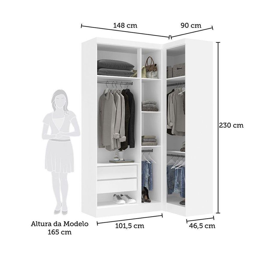 Guarda Roupa De Canto Alpes 4 Portas De Bater 2 Gavetas MDP Branco Luciane Móveis 2 Peças - imagem 3