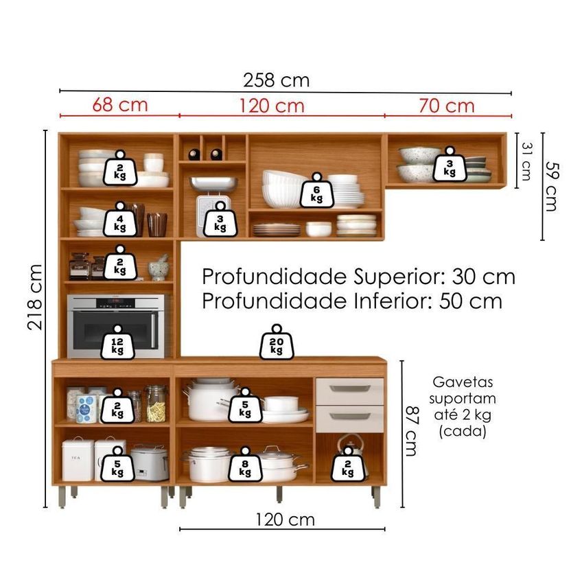 Cozinha Compacta Malta Sem Porta Sem Gavetas MDP 258cm Amadeirado Poliman Móveis - imagem 3