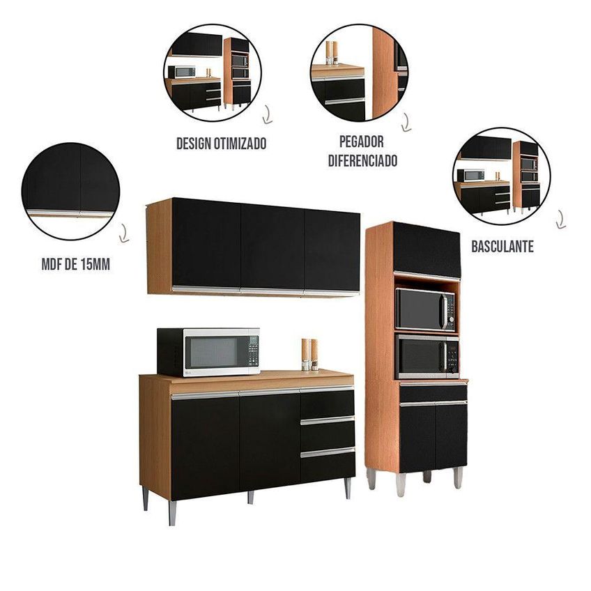 Conjunto Kit Cozinha Compacta Andreia 3 Portas MDP 120cm Amêndoa E Preto AJL - imagem 2