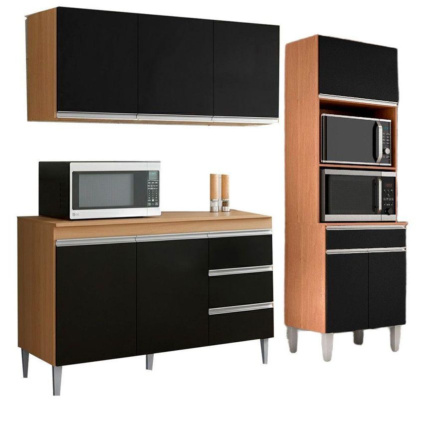 Conjunto Kit Cozinha Compacta Andreia 3 Portas MDP 120cm Amêndoa E Preto AJL - imagem 3