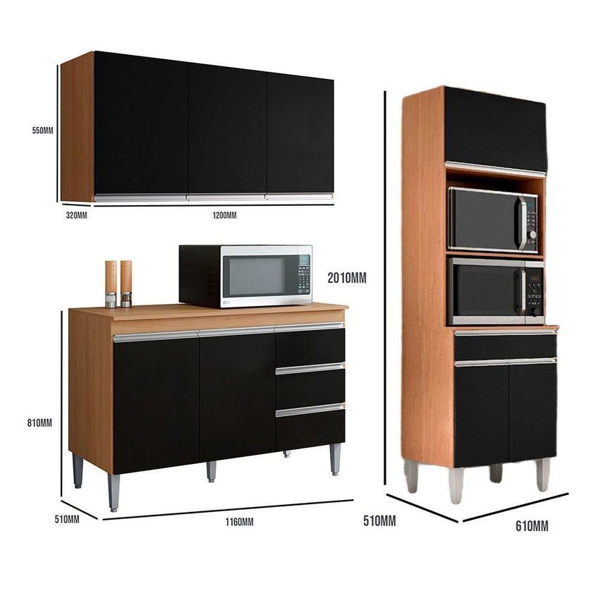 Conjunto Kit Cozinha Compacta Andreia 3 Portas MDP 120cm Amêndoa E Preto AJL - imagem 4