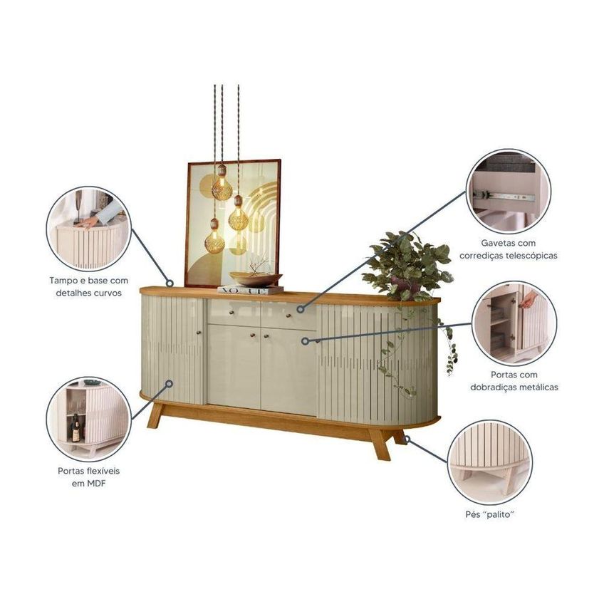 Buffet Aparador Mônaco Moderno 4 Portas 2 Gavetas MDP 183cm Cumaru E Opala - imagem 5