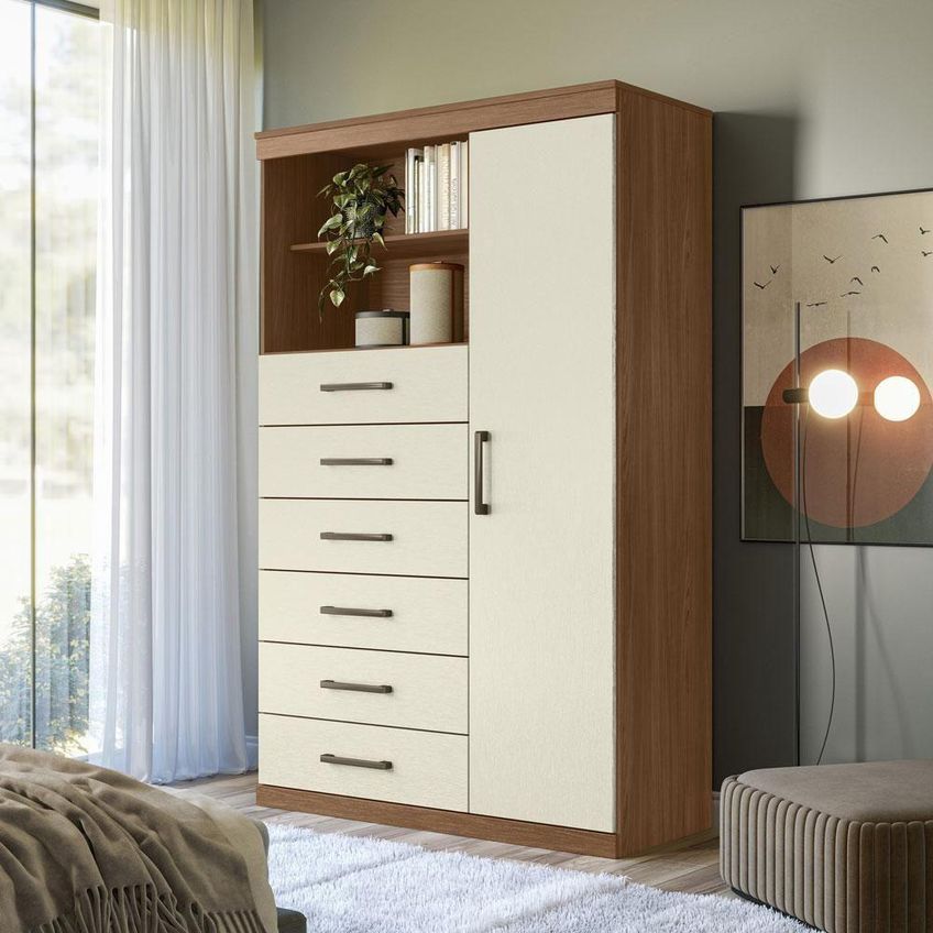 Conjunto De Quarto Guarda Roupa Casal Toledo 6 Portas Bater 6 Gavetas Mdp Cômoda Jatobá Areia Santos - imagem 5