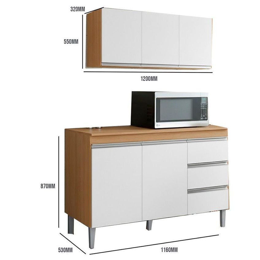 Conjunto Cozinha Andreia Balcão Pia E Armário Aéreo 3 Portas Mdp 120cm Amêndoa E Branco Ajl Moveis - imagem 3