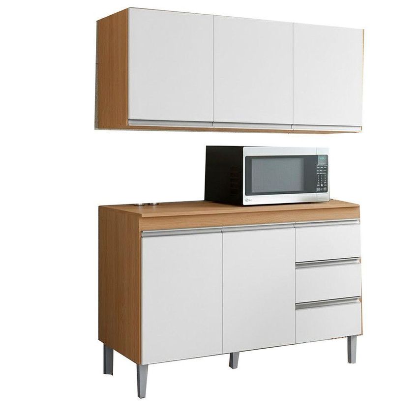 Conjunto Cozinha Andreia Balcão Pia E Armário Aéreo 3 Portas Mdp 120cm Amêndoa E Branco Ajl Moveis - imagem 4