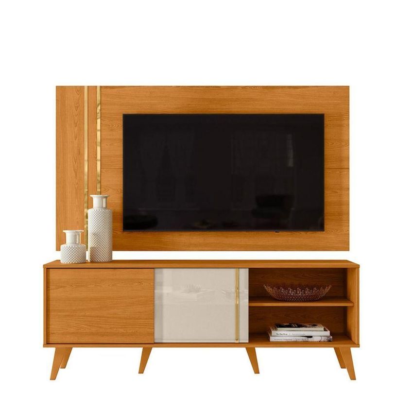 Rack Com Painel Para TV 60" 160cm MDP 2 Portas Correr Cinamomo E Off White Madetec Móveis - imagem 4