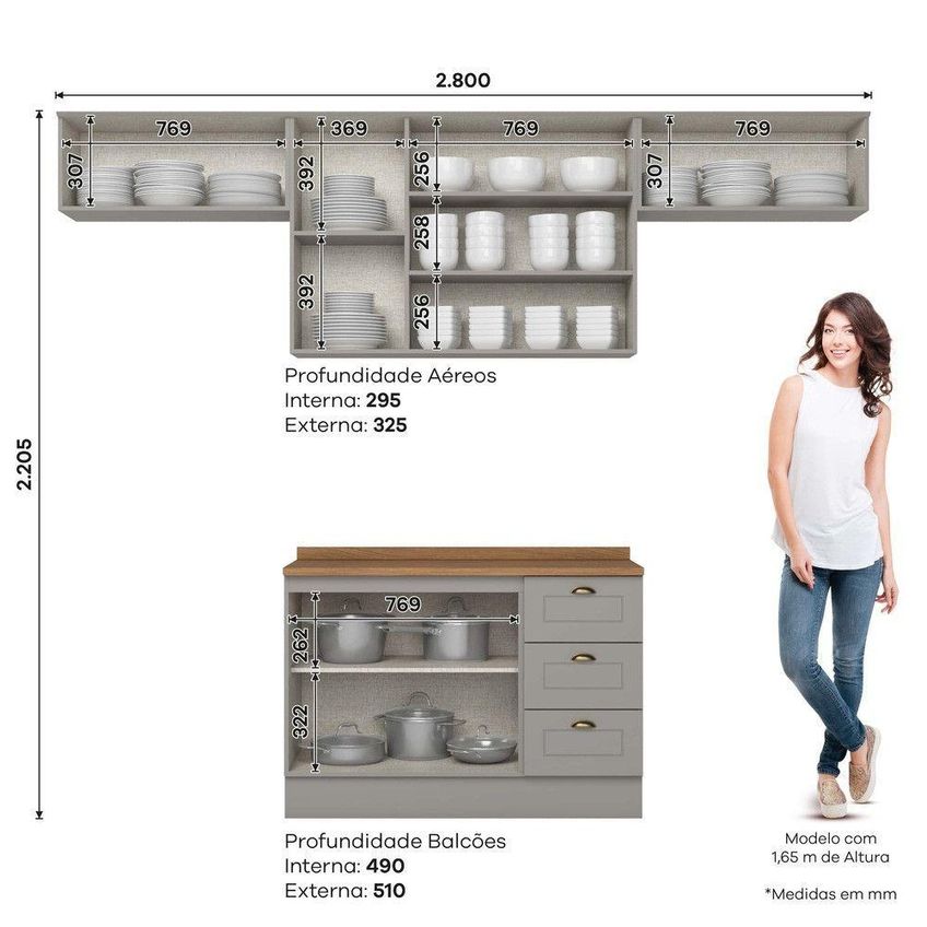 Cozinha Compacta Amy 7 Portas 3 Gavetas MDF MDP 280cm Cinza Casa 812 - imagem 4