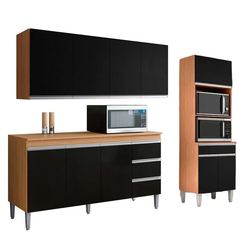 Conjunto Kit Cozinha Completa Balcão Pia 4 Portas MDF MDP Amêndoa E Preto AJL Móveis - imagem 4
