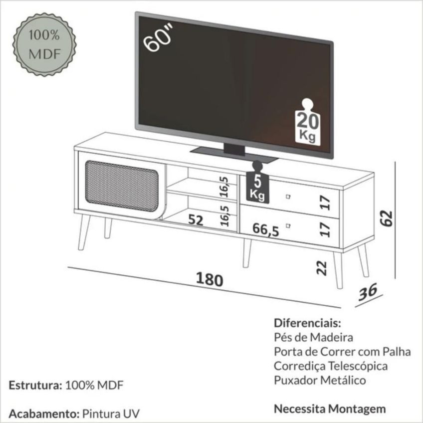 Rack Tela 180cm Com Porta De Correr E 2 Gavetas TB306PN MDF Marrom Dalla Costa Móveis - imagem 3