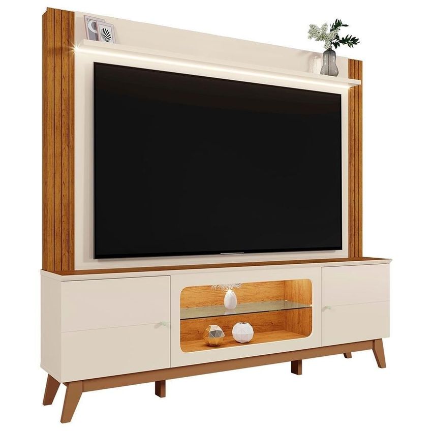 Estante Painel Tv 70 Pol 198cm Mdp Com Led Off White E Canela Mpozenato - imagem 5
