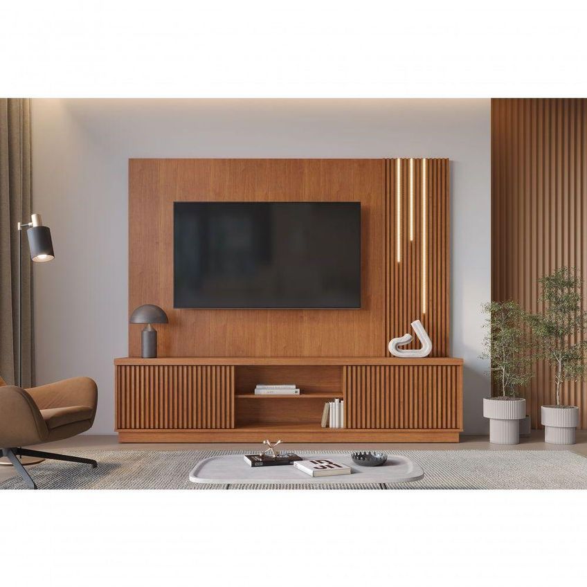 Painel Com Rack Home Arezzo Para TV 75" 220cm MDF-MDP Com LED Amadeirado Mavaular Móveis - imagem 5