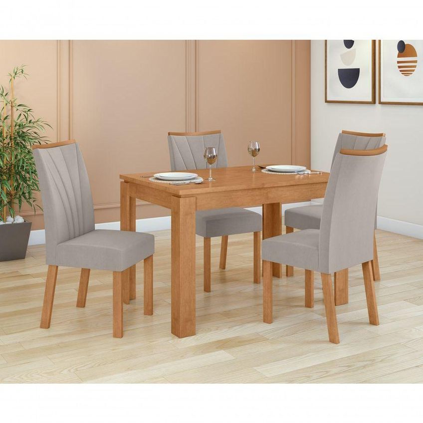 Conjunto Sala De Jantar Athenas 120 4 Lugares Tampo Vidro Off White Amendoa Clean 120cm Móveis Lopas - imagem 5