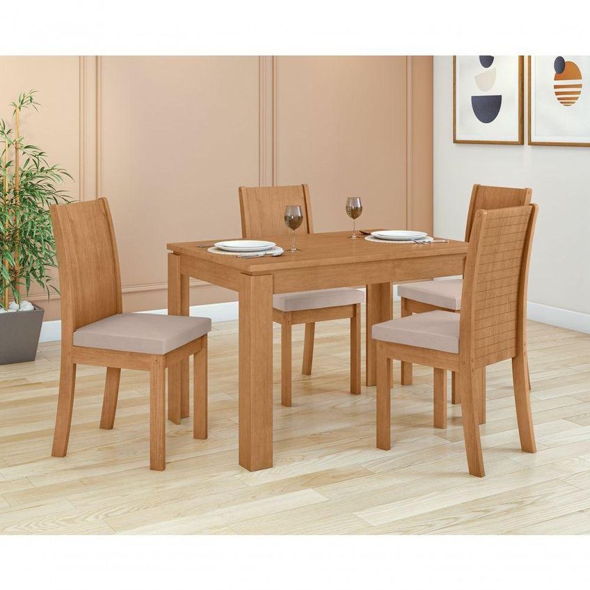 Conjunto Sala De Jantar Athenas 120 4 Lugares Tampo Vidro Off White Amendoa Clean Móveis Lopas - imagem 3