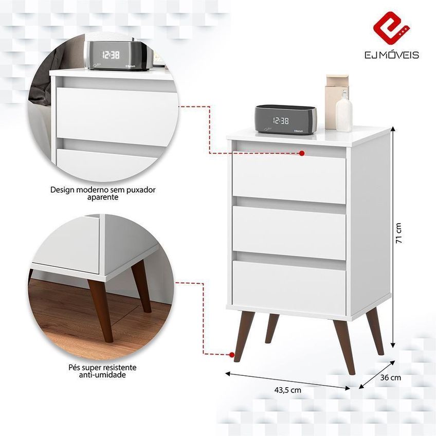 Mesa De Cabeceira Retrô Wood 3 Gavetas MDP Branco EJ Móveis - imagem 4