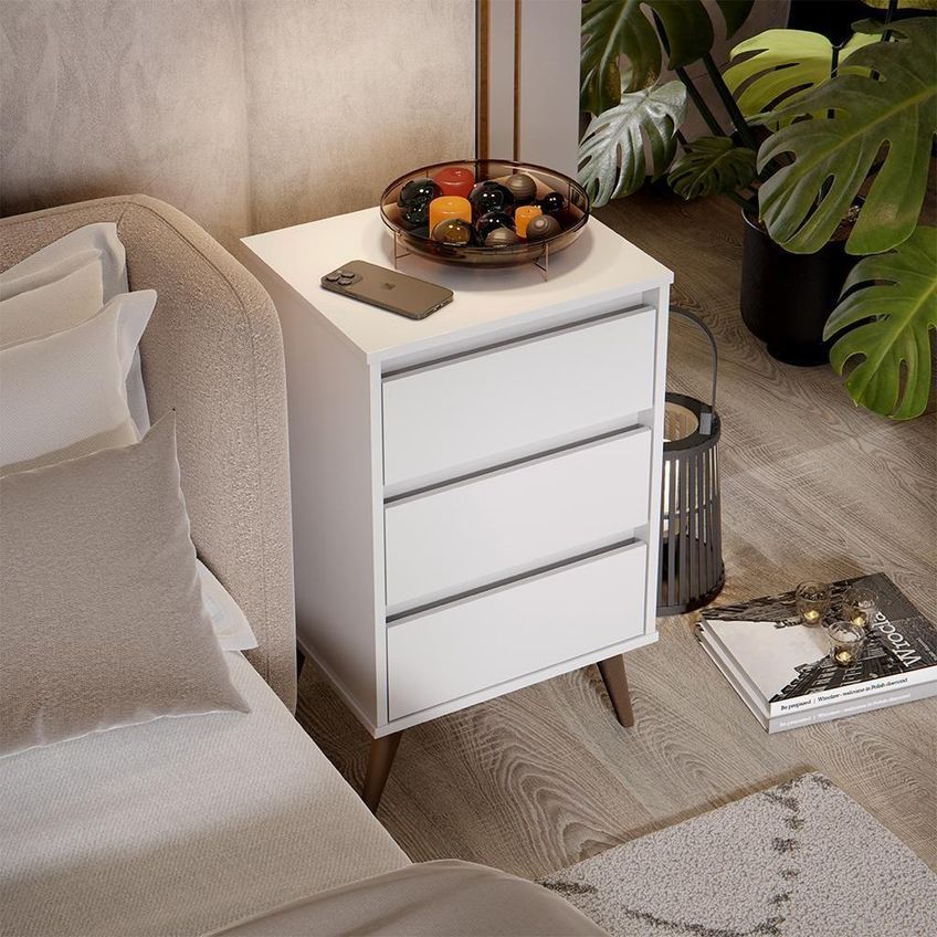 Mesa De Cabeceira Retrô Wood 3 Gavetas MDP Branco EJ Móveis - imagem 5